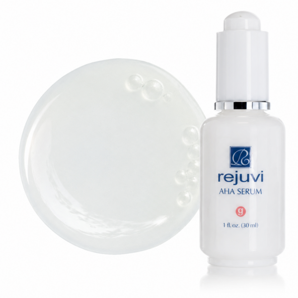 Rejuvi g AHA Serum bottle beside clear gel texture
