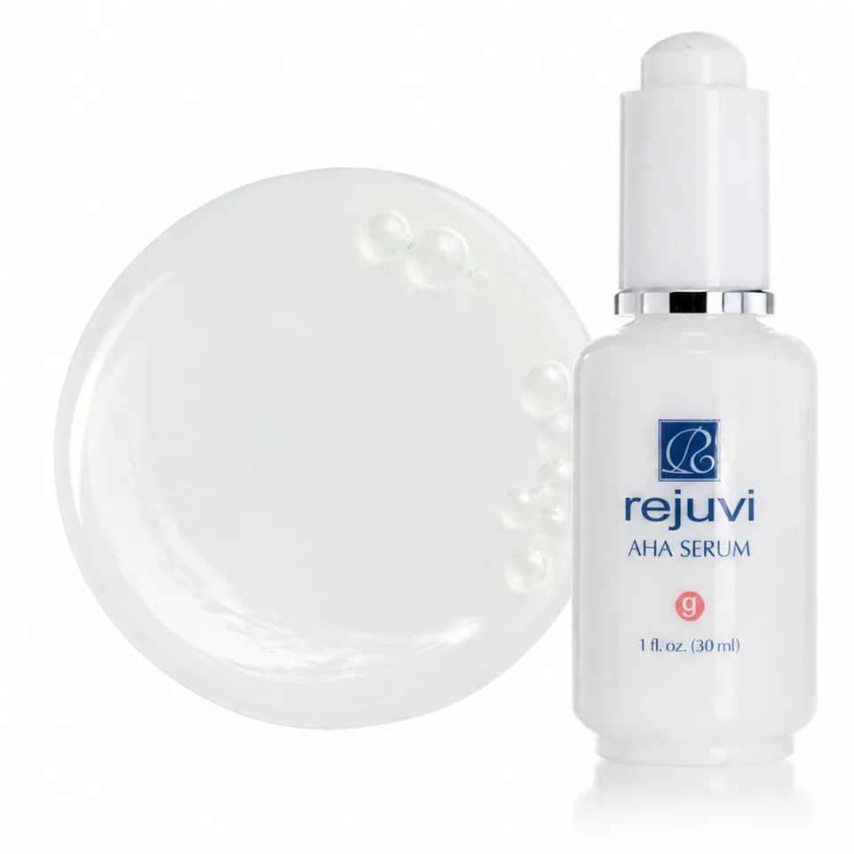 Rejuvi g AHA Serum bottle beside clear gel texture