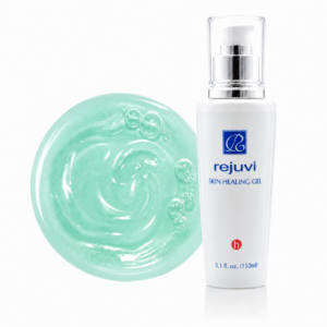 Rejuvi h Skin Healing Gel Original bottle beside mint-green gel texture