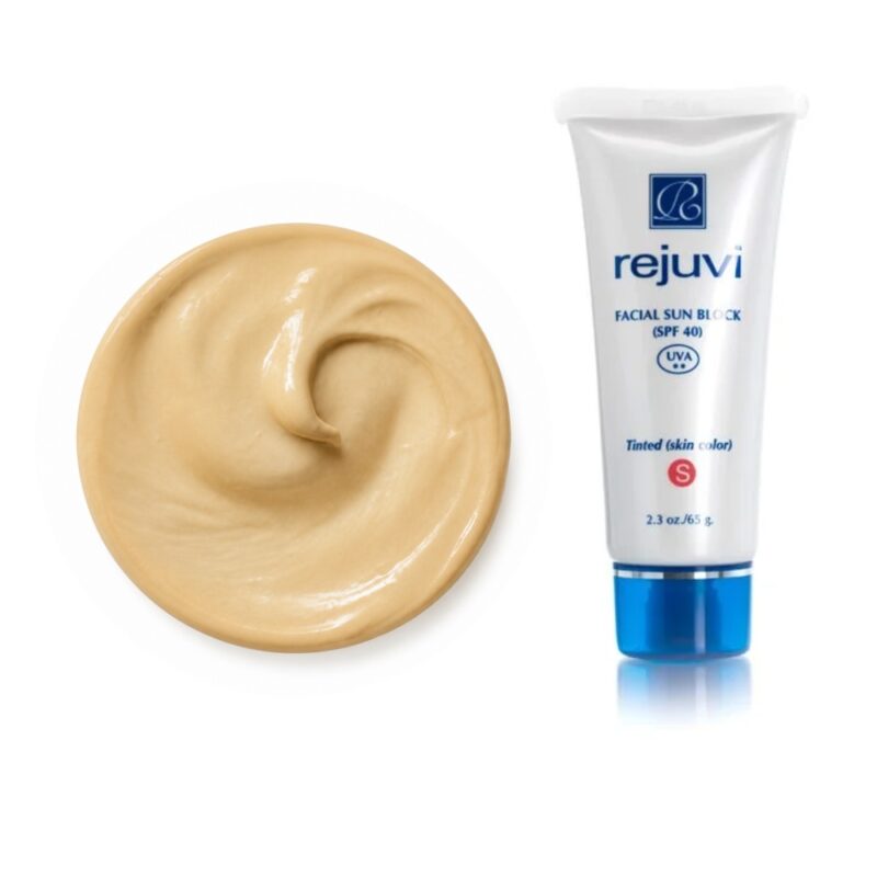 Rejuvi S Facial Sunscreen SPF 40 Tinted with circular tan swatch