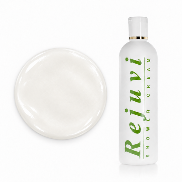 Rejuvi 'j' Shower Cream with a round glossy pearlescent liquid swatch