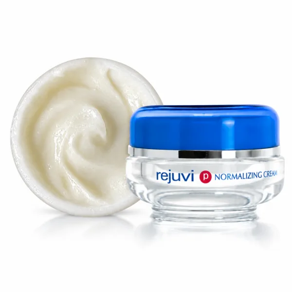 Rejuvi p Normalizing Cream jar in front of cream texture circle on the left