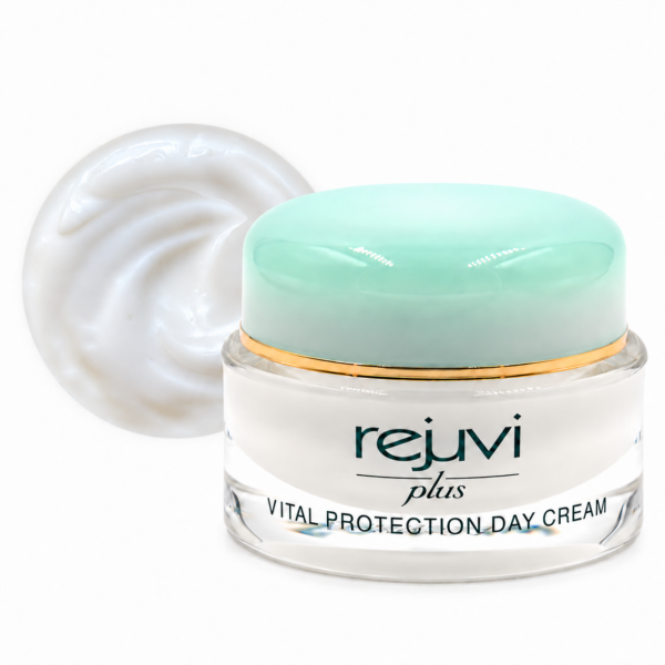 Rejuvi Plus Vital Protection Day Cream jar with cream texture circle behind it on the left
