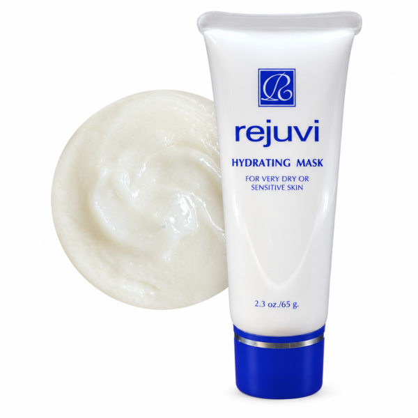 Rejuvi Hydrating Mask 2.3 oz tube with a cream texture circle behind it