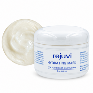Rejuvi Hydrating Mask 8 oz salon tub with a cream texture circle behind it on the left