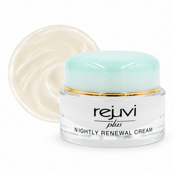 Rejuvi Plus Nightly Renewal Cream jar with a cream texture circle behind it