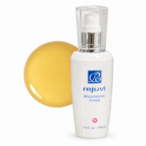 Rejuvi w Brightening Toner with a light golden liquid circle and lower-left reflection