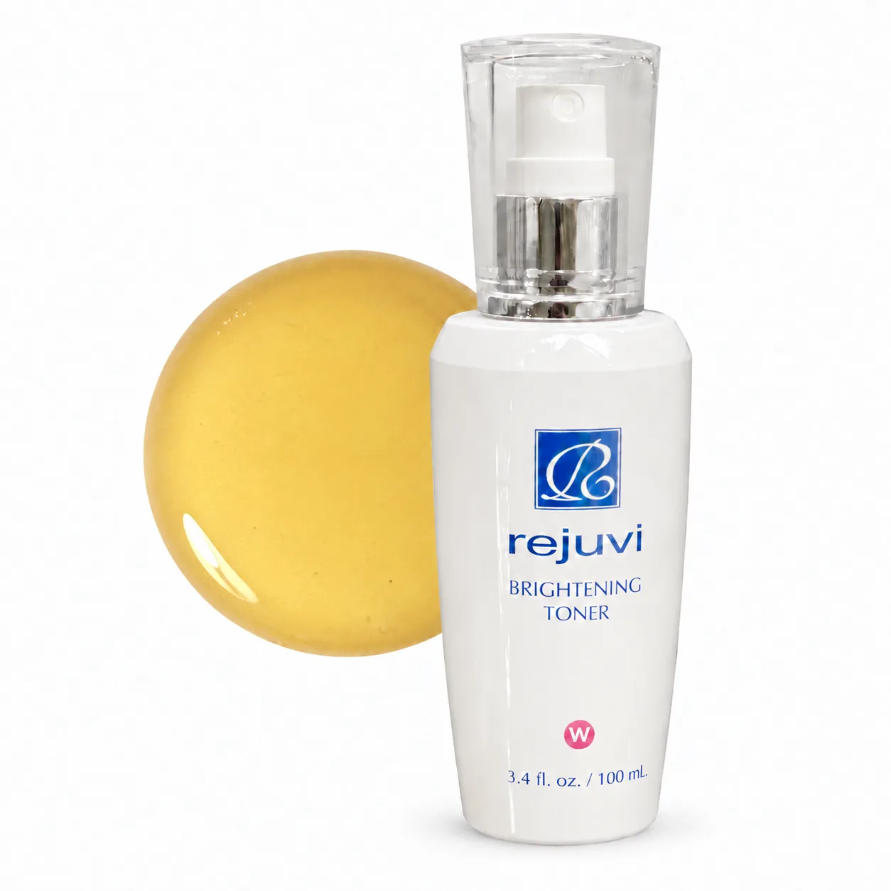 Rejuvi w Brightening Toner with a light golden liquid circle and lower-left reflection